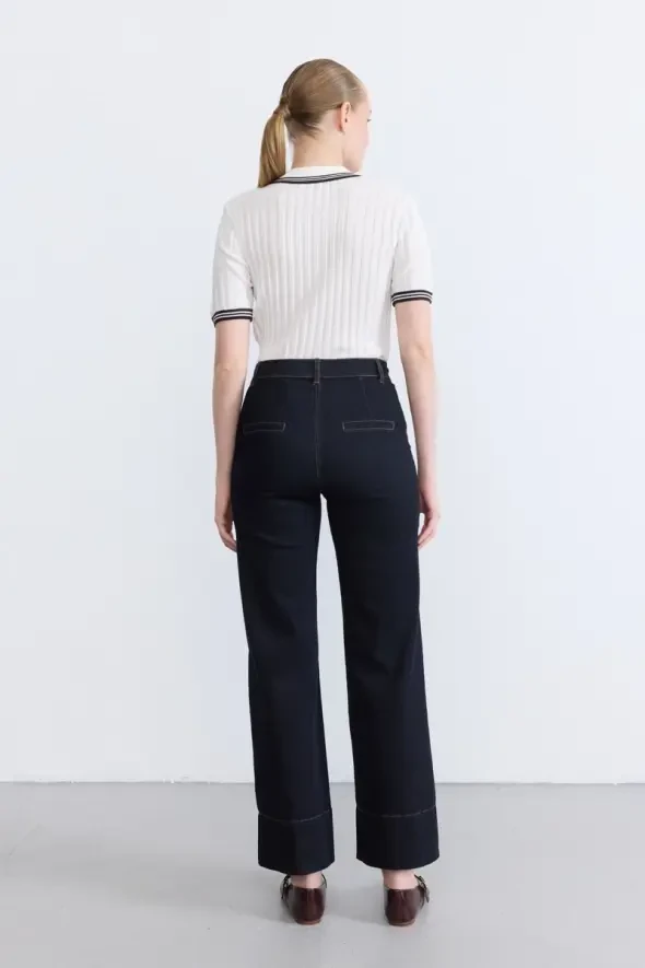 High Waist Wide Leg Denim Pants - Blue - 6