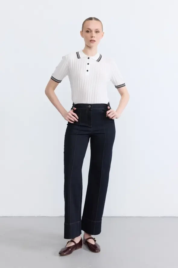 High Waist Wide Leg Denim Pants - Blue - 2