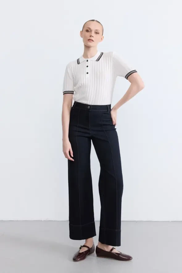 High Waist Wide Leg Denim Pants - Blue - 4