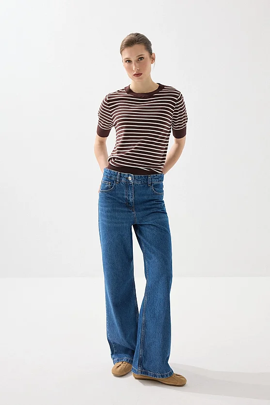 High Waist Wide Leg Denim Pants - Navy Blue - Gusto