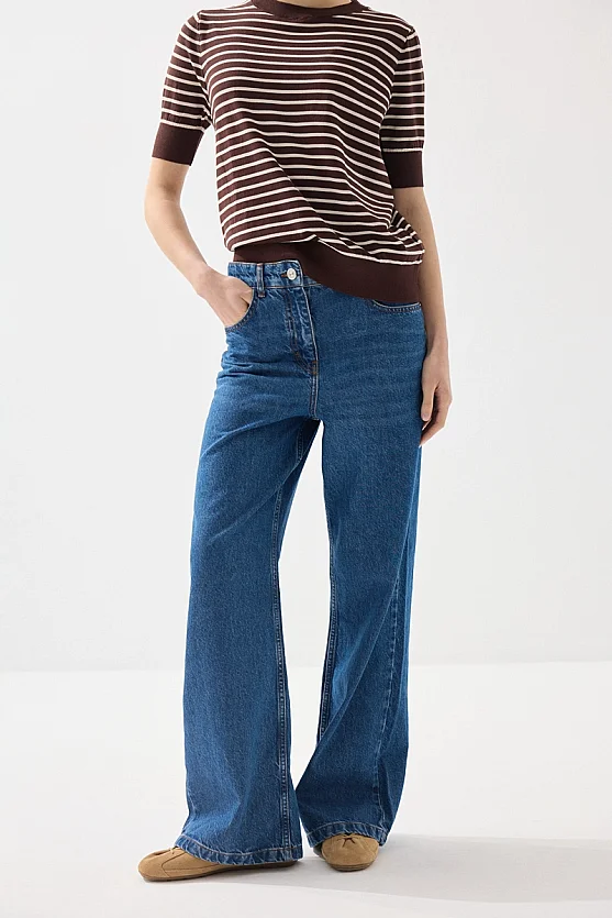 High Waist Wide Leg Denim Pants - Navy Blue - Gusto