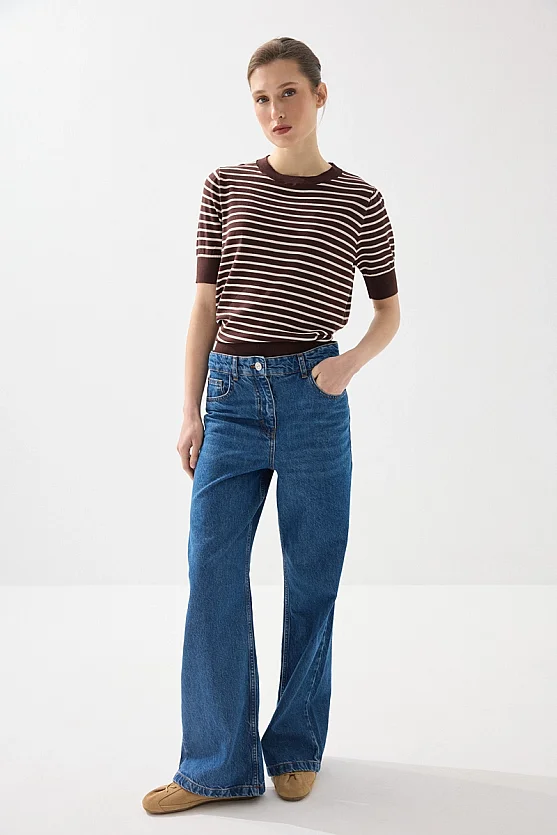 High Waist Wide Leg Denim Pants - Navy Blue - Gusto