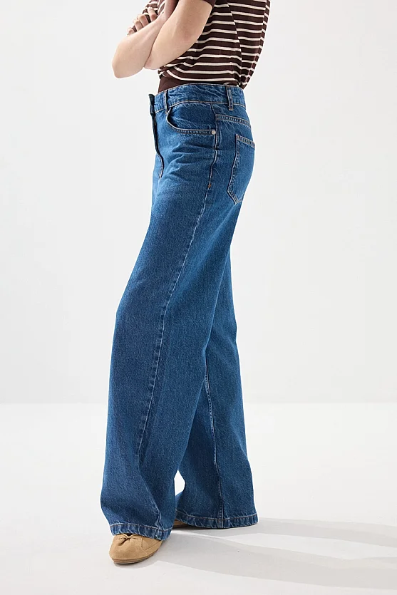 High Waist Wide Leg Denim Pants - Navy Blue - Gusto