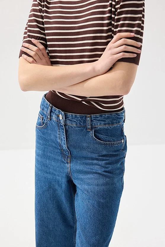High Waist Wide Leg Denim Pants - Navy Blue - Gusto