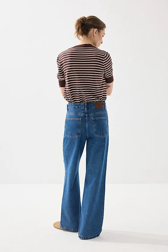 High Waist Wide Leg Denim Pants - Navy Blue - Gusto
