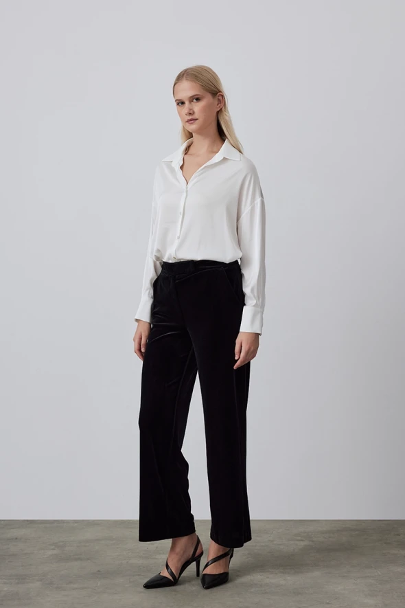 High Waist Velvet Pants - Black - 4