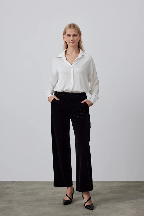 High Waist Velvet Pants - Black - 2