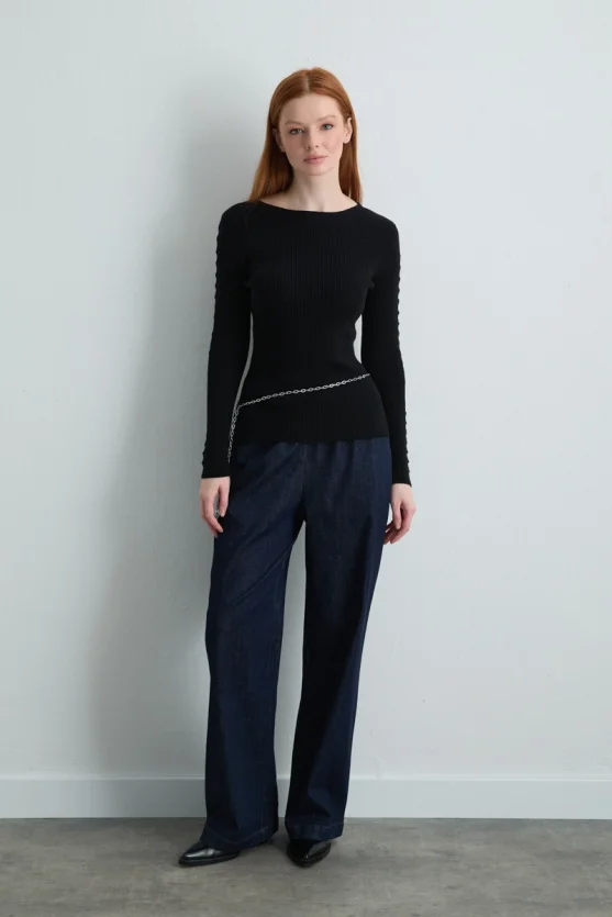 Hole Detail Knit Blouse Black - 2