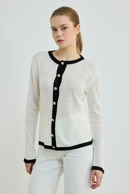 Hole Detailed Gold Buttoned Knit Cardigan - Ecru Ecru