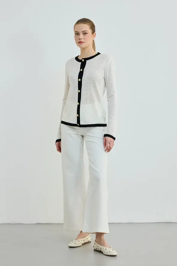 Hole Detailed Gold Buttoned Knit Cardigan - Ecru - 2