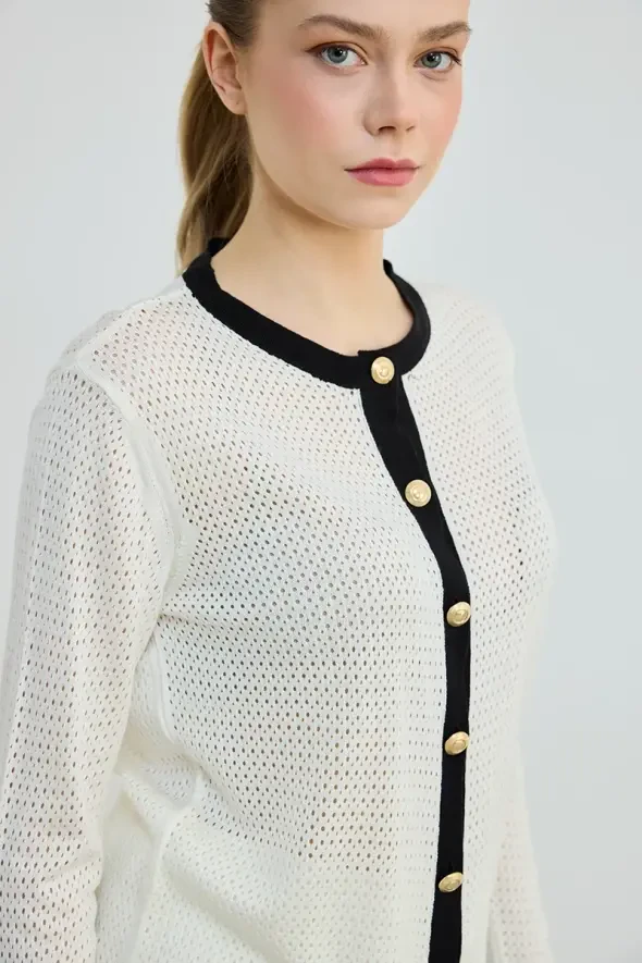 Hole Detailed Gold Buttoned Knit Cardigan - Ecru - 3