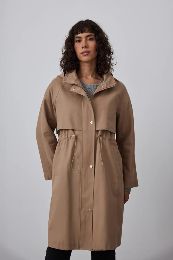 Hooded Parka with Shirred Waist - Camel - 2