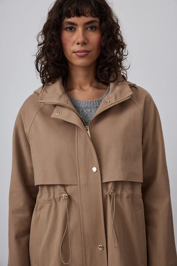 Hooded Parka with Shirred Waist - Camel - 3