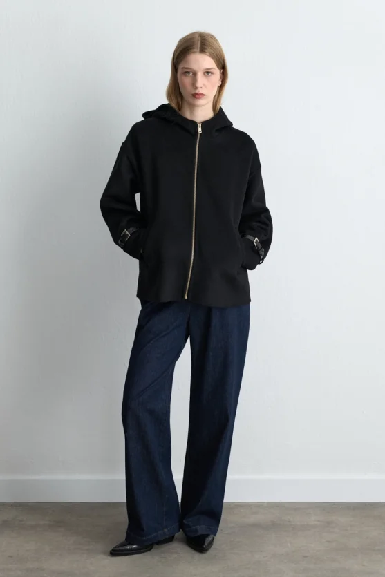 Hooded Unlined Wool Coat - Black - 4
