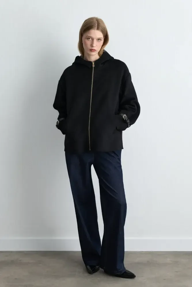 Hooded Unlined Wool Coat - Black Black