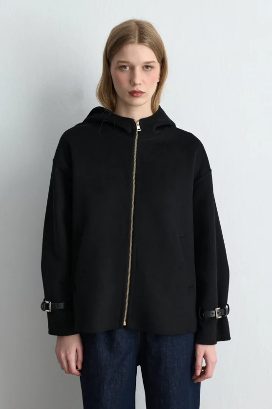 Hooded Unlined Wool Coat Black - Gusto