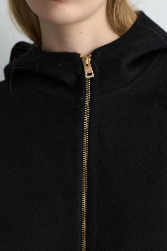 Hooded Unlined Wool Coat Black - Gusto