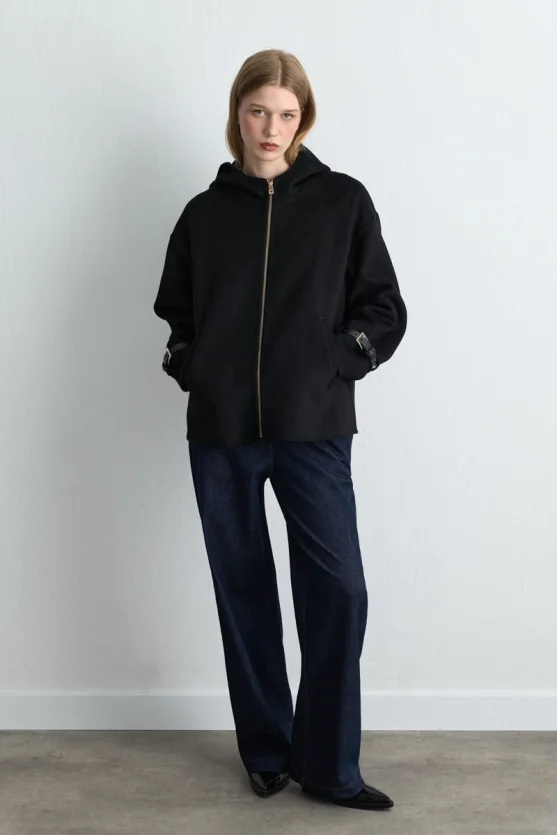 Hooded Unlined Wool Coat Black - Gusto