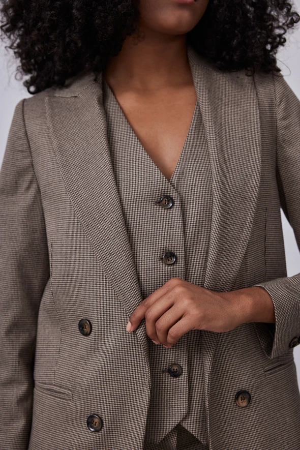 Houndstooth Blazer Jacket - Brown - 5