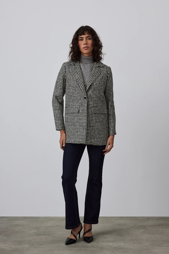 Houndstooth Long Jacket - Black - 2