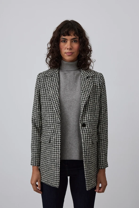 Houndstooth Long Jacket - Black - 6