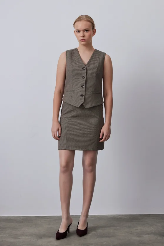 Houndstooth Mini Skirt - Brown - Gusto