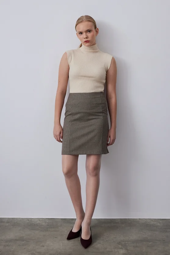 Houndstooth Mini Skirt - Brown - 3