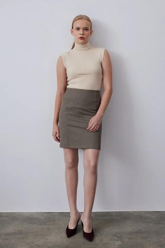 Houndstooth Mini Skirt - Brown - 4