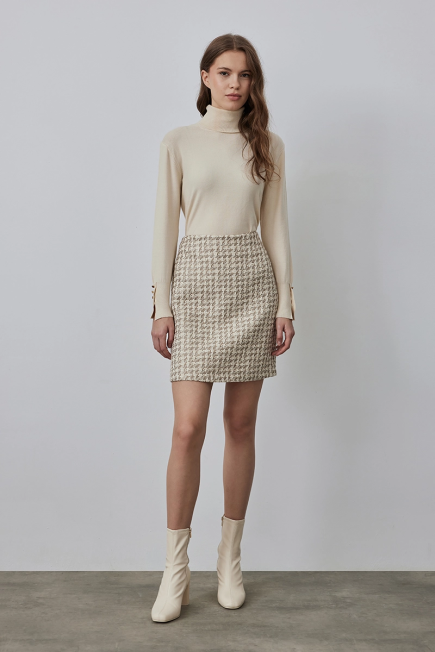 Houndstooth Patterned Tuvit Mini Skirt - Ecru - Gusto