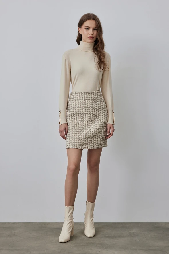 Houndstooth Patterned Tuvit Mini Skirt - Ecru - 1