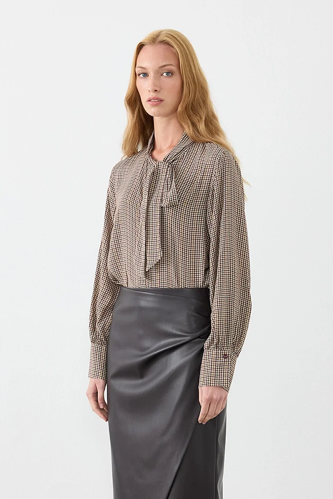 Houndstooth Scarf-Neck Shirt - Beige Beige