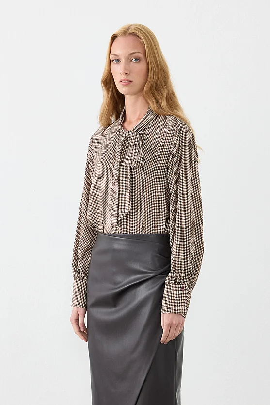 Houndstooth Scarf-Neck Shirt - Beige - 1