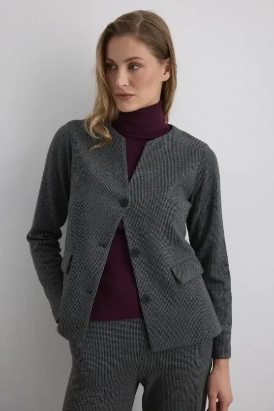 Houndstooth V-Neck Jacket - Grey - 3