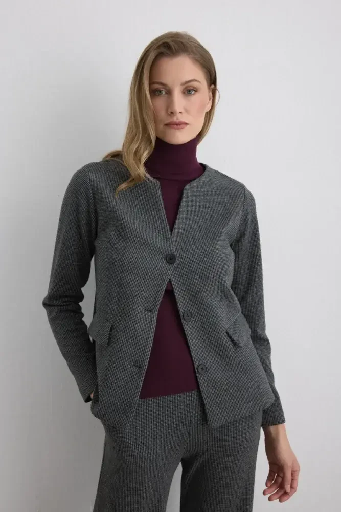 Houndstooth V-Neck Jacket - Grey Gray