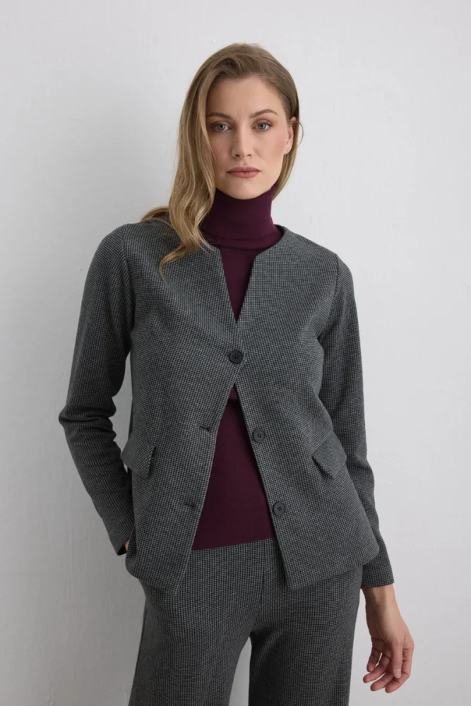 Houndstooth V Neck Jacket Grey - Gusto