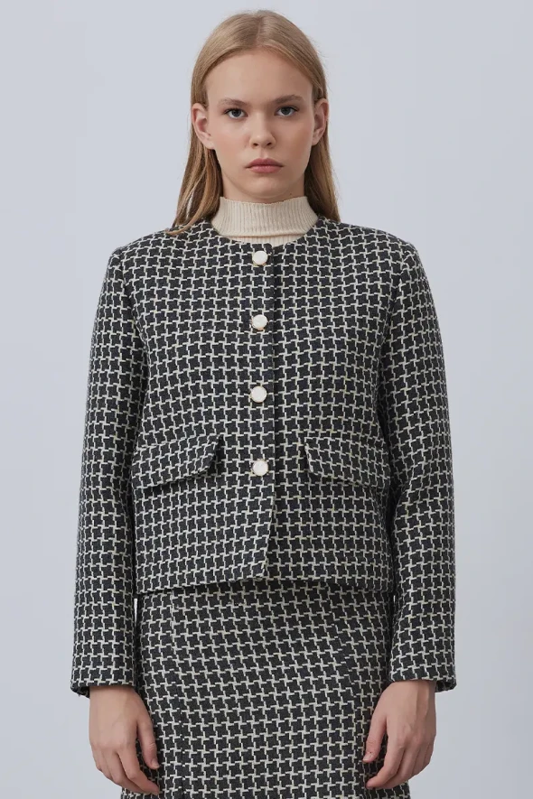 Houndstooth Wool Jacket - Grey - 1