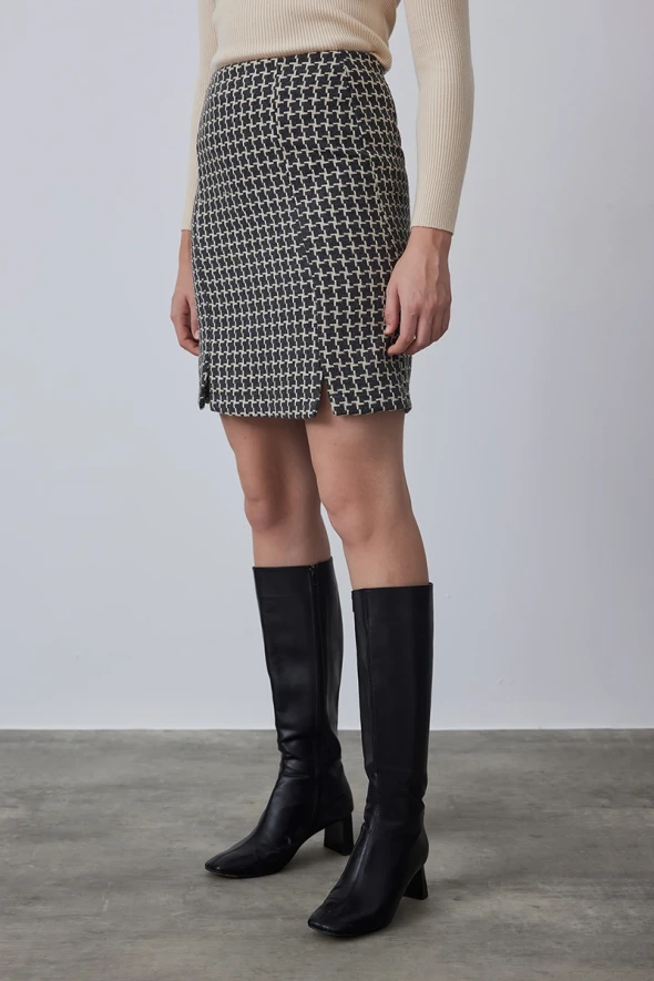 Houndstooth Wool Mini Skirt - Grey - 2