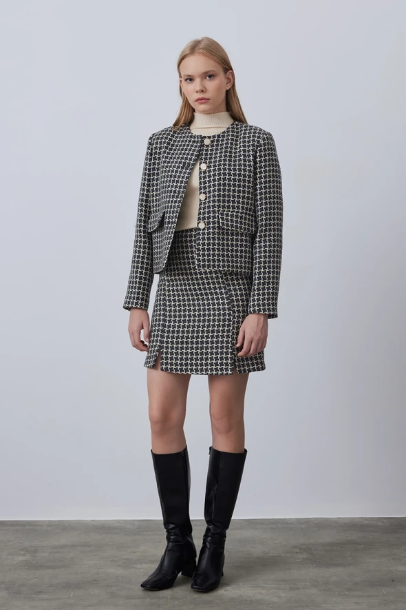 Houndstooth Wool Mini Skirt - Grey - 1