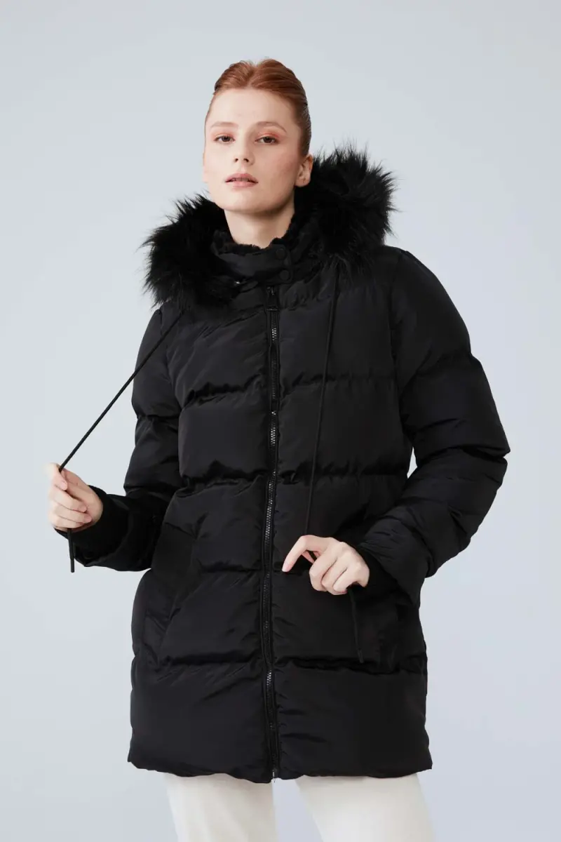 Inflatable Coat with Fur Hood - Black - 1