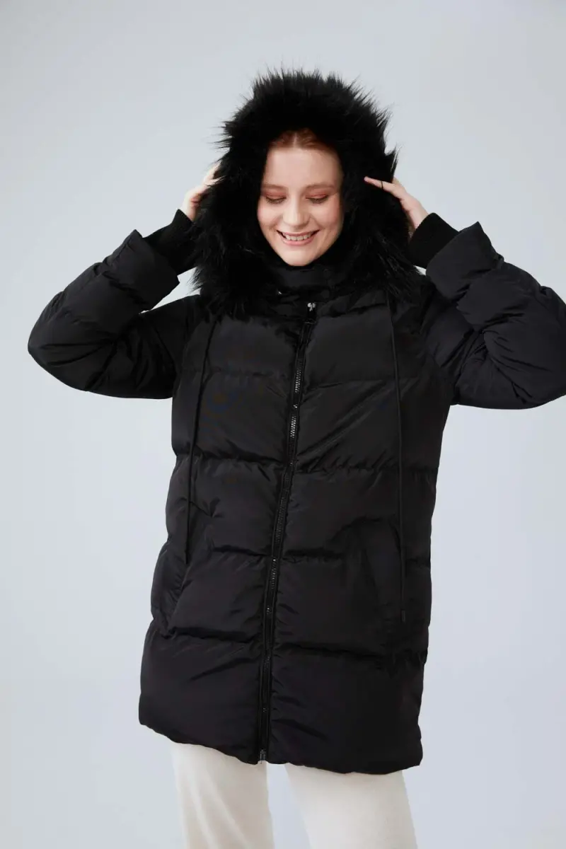 Inflatable Coat with Fur Hood - Black - 4
