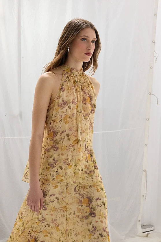 İz Collection Eco-Print Asymmetric Chiffon Blouse - Beige - 6