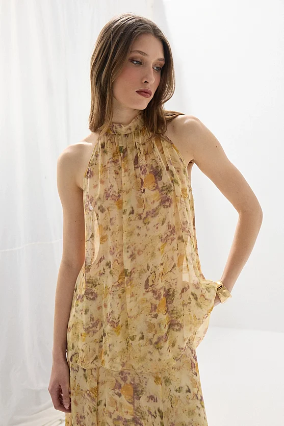 İz Collection Eco-Print Asymmetric Chiffon Blouse - Beige - 1