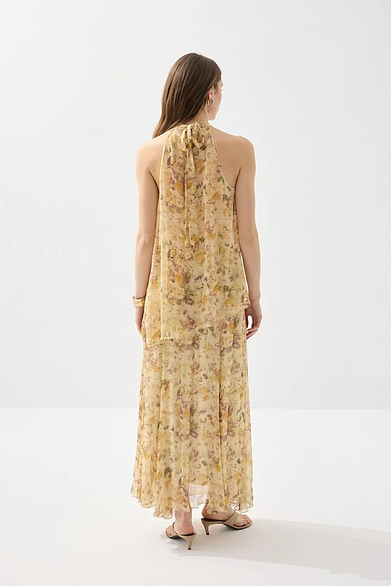 İz Collection Eco-Print Asymmetric Chiffon Blouse - Beige - 8