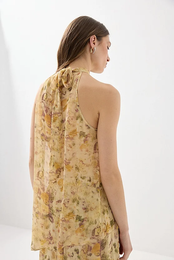 İz Collection Eco-Print Asymmetric Chiffon Blouse - Beige - Gusto