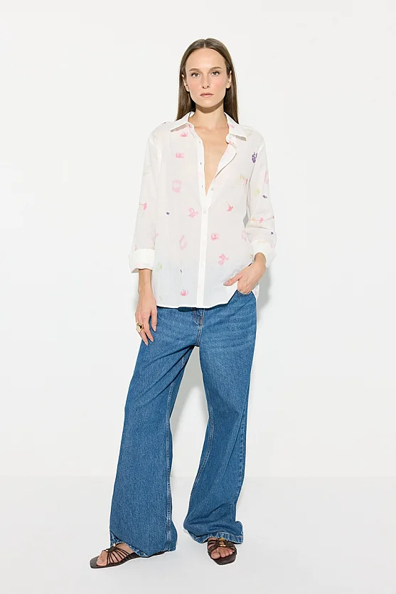 Iz Collection Eco Print Cotton Voile Shirt - White - Gusto