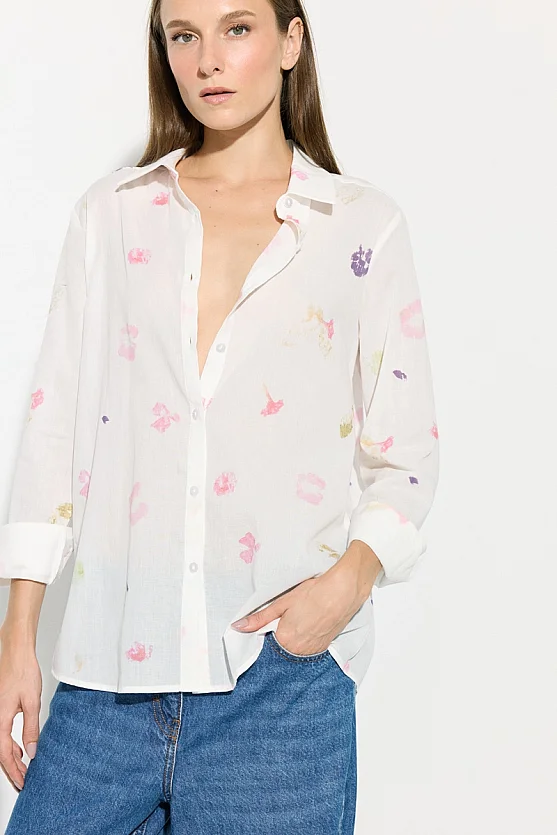 Iz Collection Eco Print Cotton Voile Shirt - White - Gusto