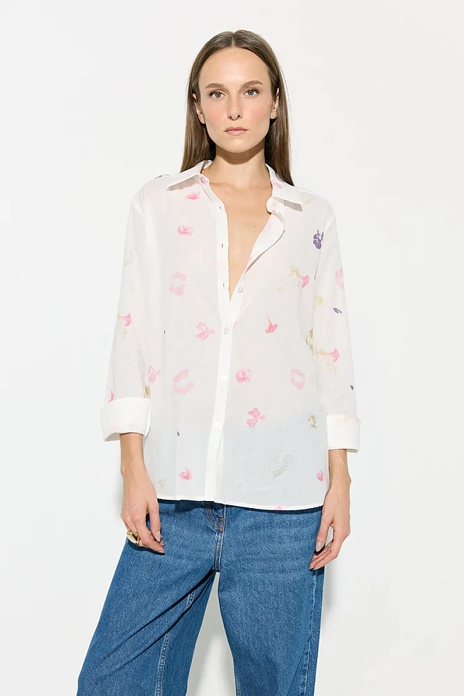 Iz Collection Eco Print Cotton Voile Shirt - White White