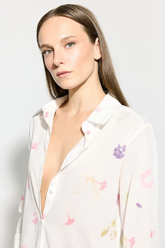 Iz Collection Eco Print Cotton Voile Shirt - White - Gusto