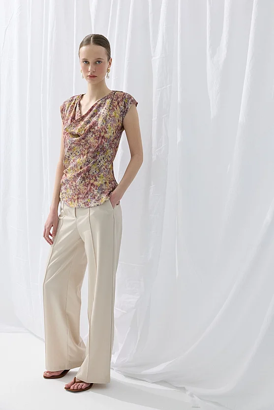 İz Collection Eco-Print Cowl Neck Blouse - Purple - Gusto