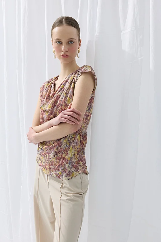 İz Collection Eco-Print Cowl Neck Blouse - Purple - 3